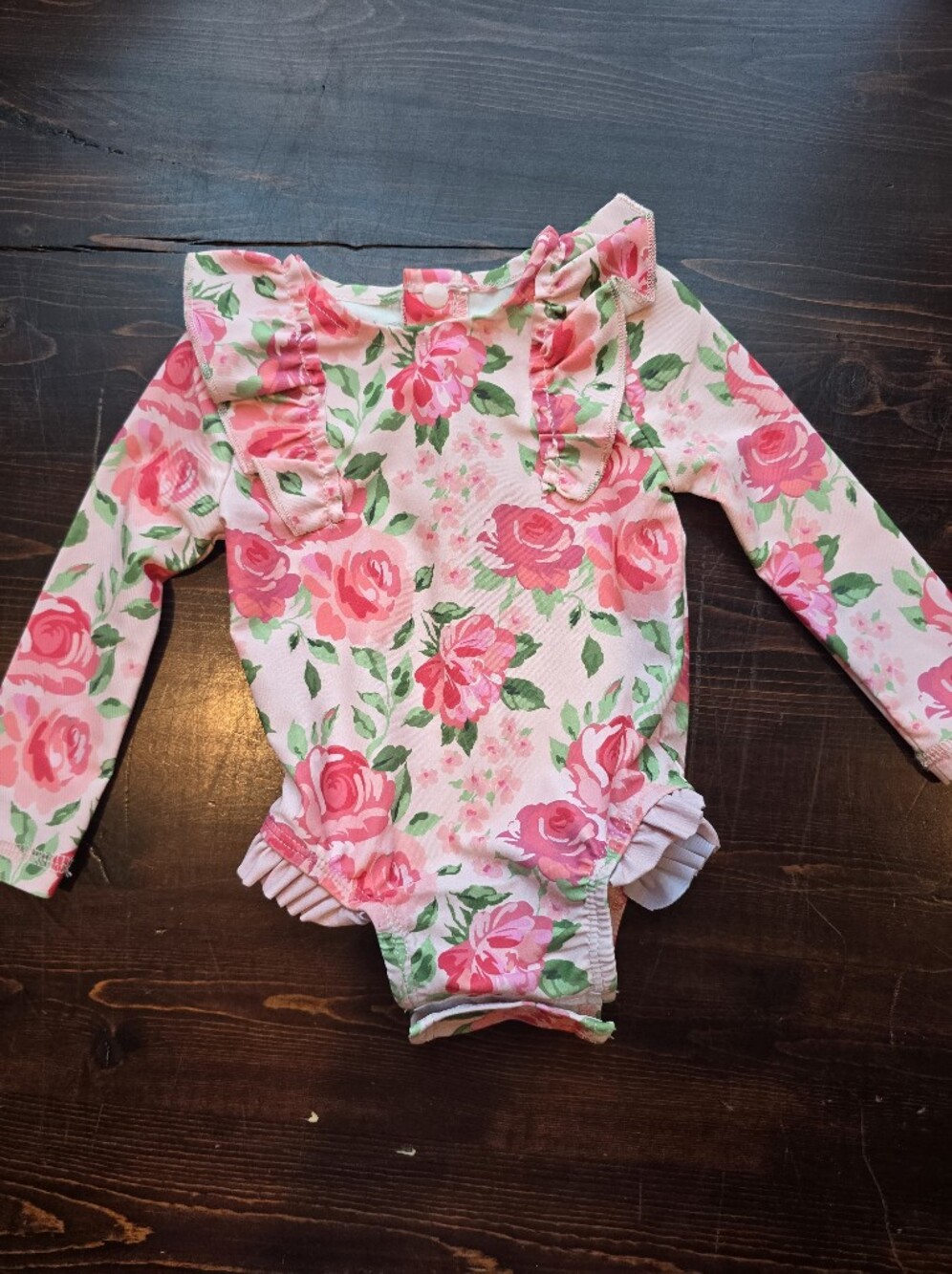 Mud Pie Pink Floral Long Sleeve Rashguard One-Piece Swimsuit - Size 3-6 Months -